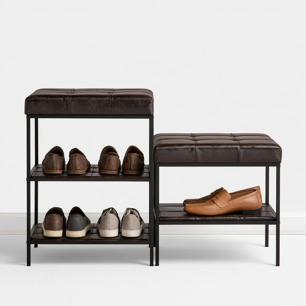 Czarna ławka na buty z metalowym stelażem i tapicerowanym siedziskiem, idealna do przedpokoju, StoneGardenBench