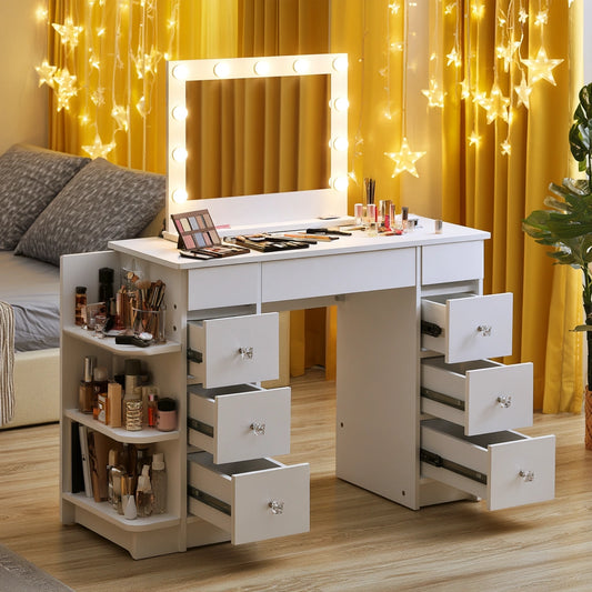 Nowoczesna toaletka z lustrem z podświetleniem LED w kolorze białym, mebel do sypialni od marki stonegardenbench